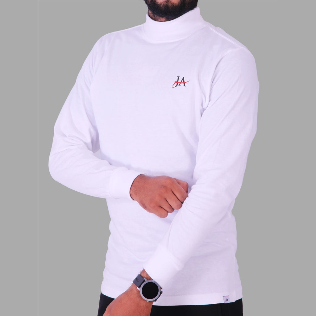 Full Sleeves White Mock Neck T-Shirt